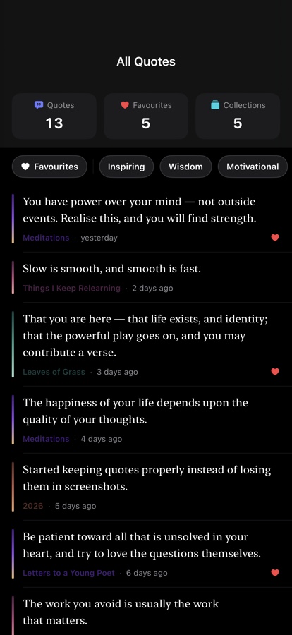 A list of every saved quote, newest first, with counts and filter chips for favourites and tags