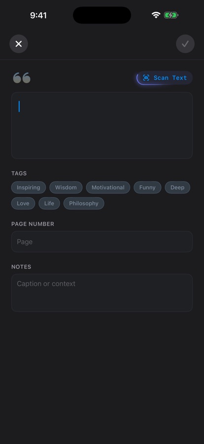 The new quote screen with a Scan Text action, tag chips, and fields for page number and notes