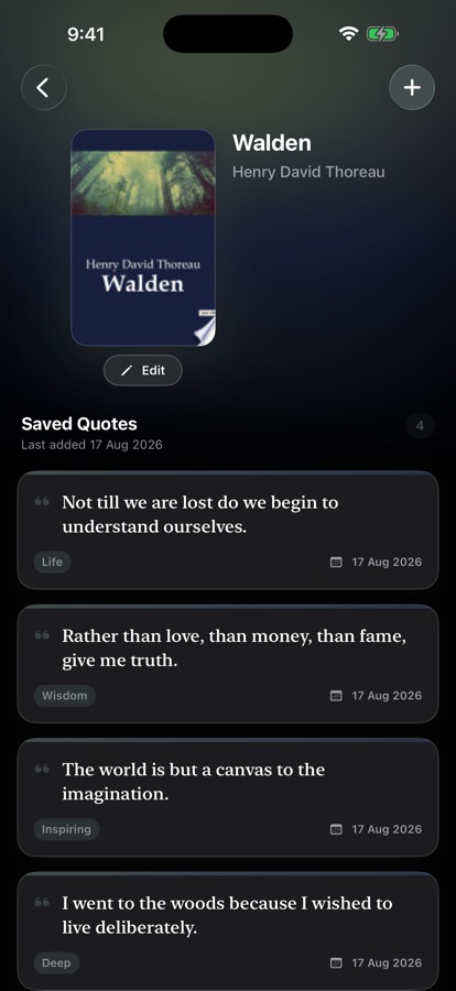 A collection screen for Walden, tinted by colours extracted from the book cover, listing saved quotes