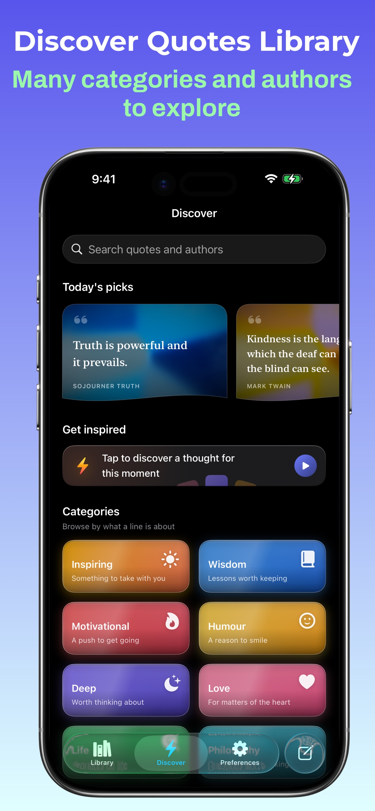 The Discover tab with a search field for quotes and authors, today's picks, a Get inspired prompt, and category tiles such as Inspiring, Wisdom, Motivational and Humour