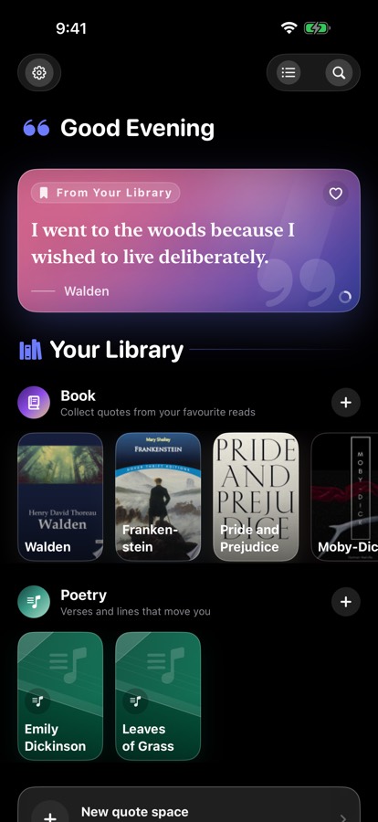 QuoteDiary home screen with a featured quote card above a library of book and poetry collections