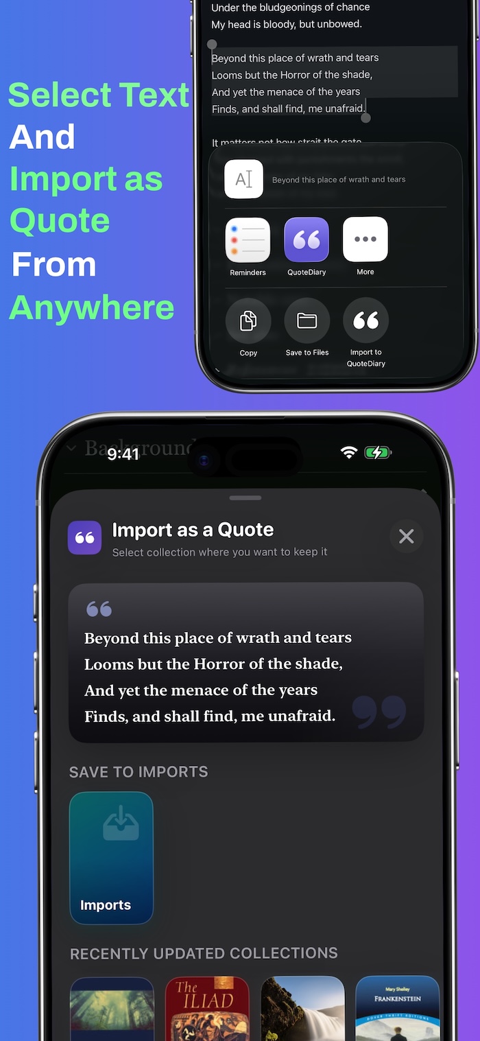 Select text in any app and import as a Quote