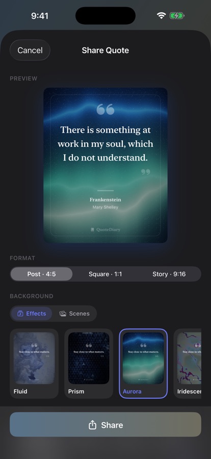 The share composer showing a quote card over a generated backdrop with format and background options